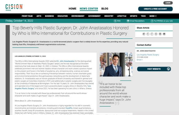 Screenshot of an article titled: Top Beverly Hills Plastic Surgeon, Dr. John Anastasatos Honored by Who is Who International for Contributions in Plastic Surgery