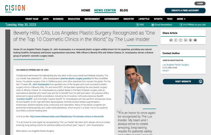 Screenshot of an article titled: Beverly Hills, CA’s, Los Angeles Plastic Surgery Recognized as One of the Top 10 Cosmetic Clinics in the World, by The Luxe Insider
