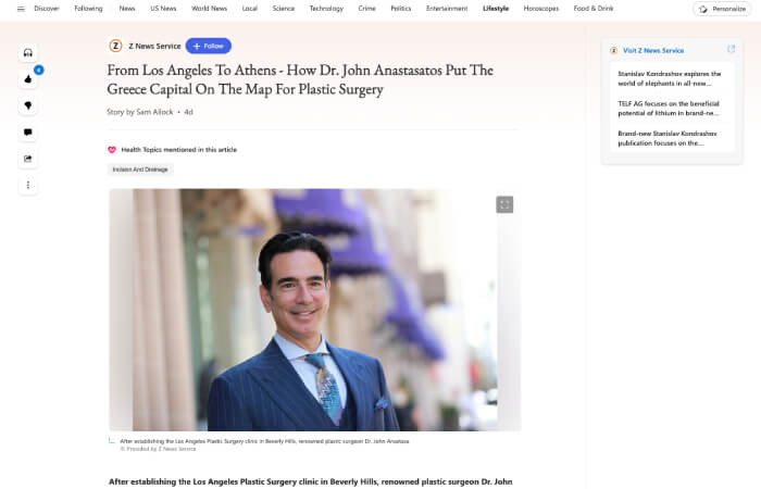 Screenshot of an article titled: Beverly Hills, CA’s, Los Angeles Plastic Surgery Recognized as One of the Top 10 Cosmetic Clinics in the World, by The Luxe Insider