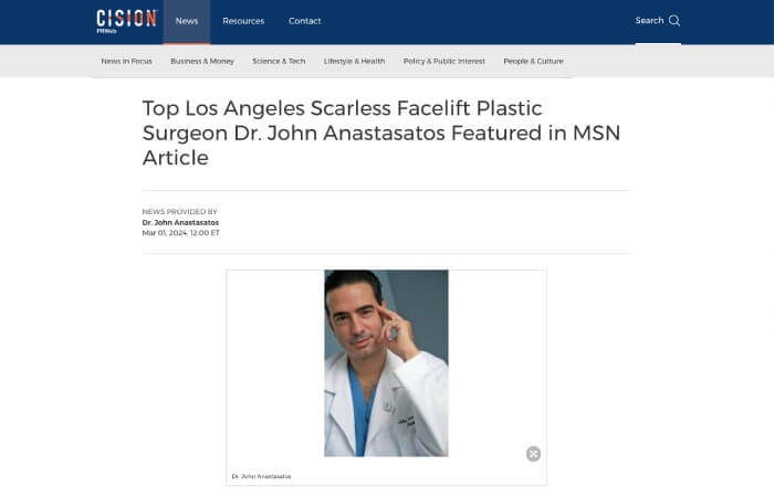 Screenshot of an article titled: Top Los Angeles Scarless Facelift Plastic Surgeon Dr. John Anastasatos Featured in MSN Article